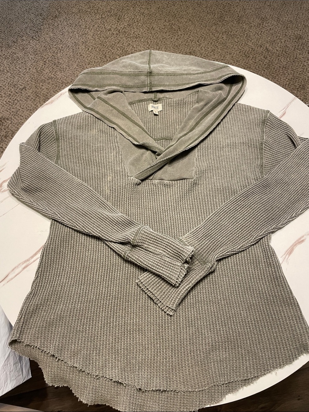 BKE Cozy Hooded Waffle Nit Sweater Top - Light Olive Grunge Sz M
